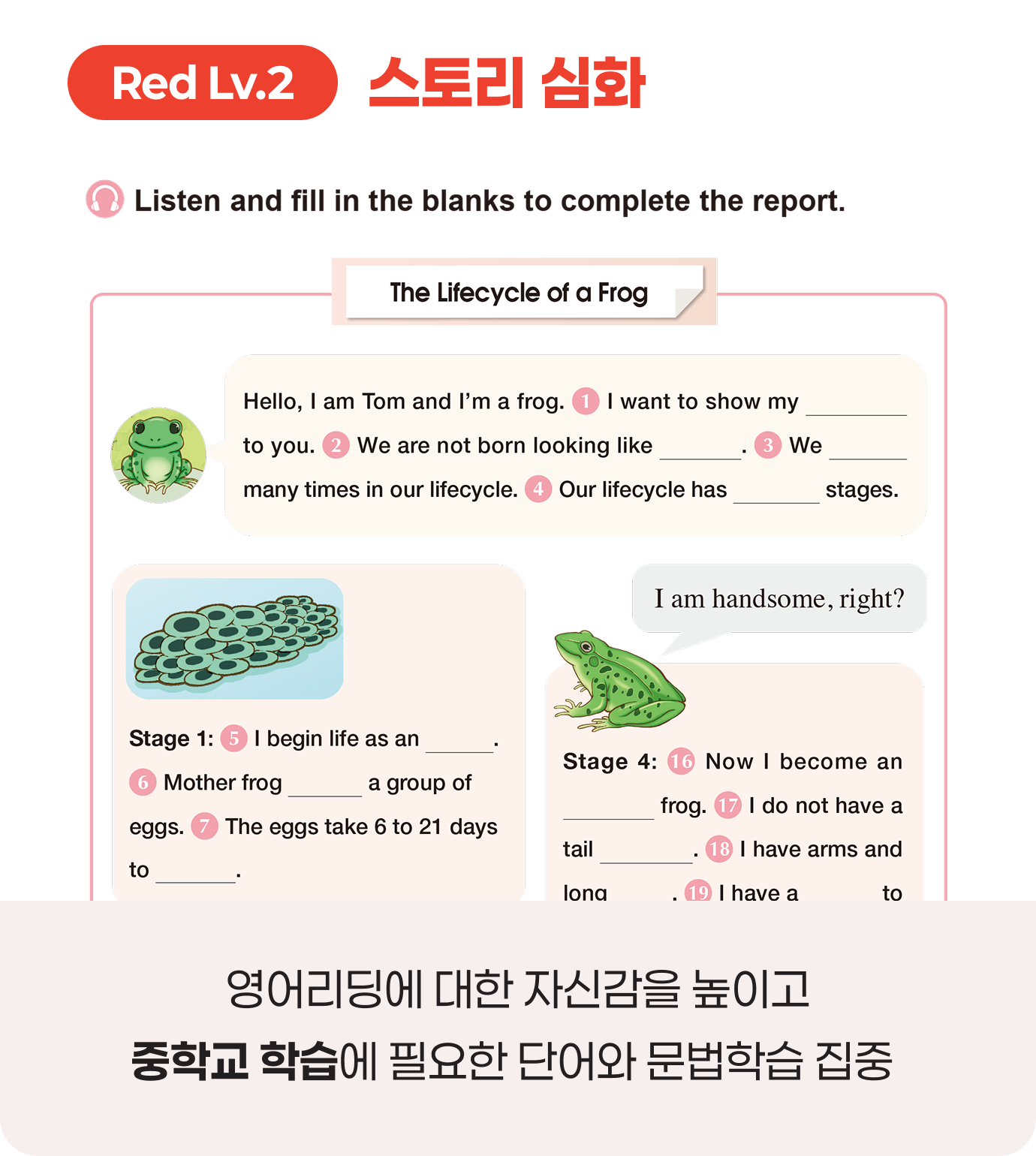 Red Lv.2 스토리 입문. 영어리딩에 대한 자신감을 높이고 중학교 학습에 필요한 단어와 문법학습에 집중합니다.