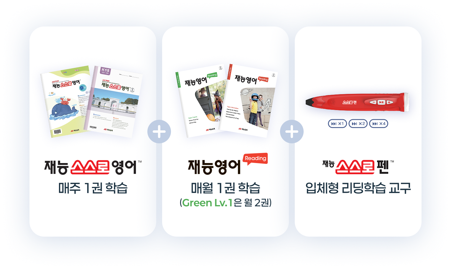 재능스스로영어 매주 1권 학습 + 재능영어리딩 매주 1권 학습(Green Lv.1은 월 2권) + 재능스스로펜 입체형 리딩학습 교구