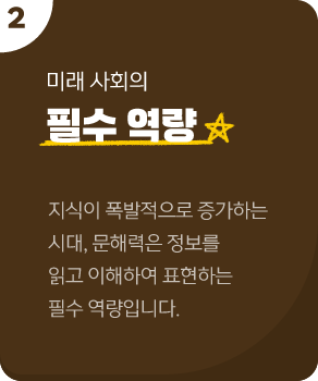 미래 사회의 필수역량, 지식이 폭발적으로 증가하는 시대, 정보와 데이터를 읽고 해석하여 활용하는 문해력은 필수입니다.